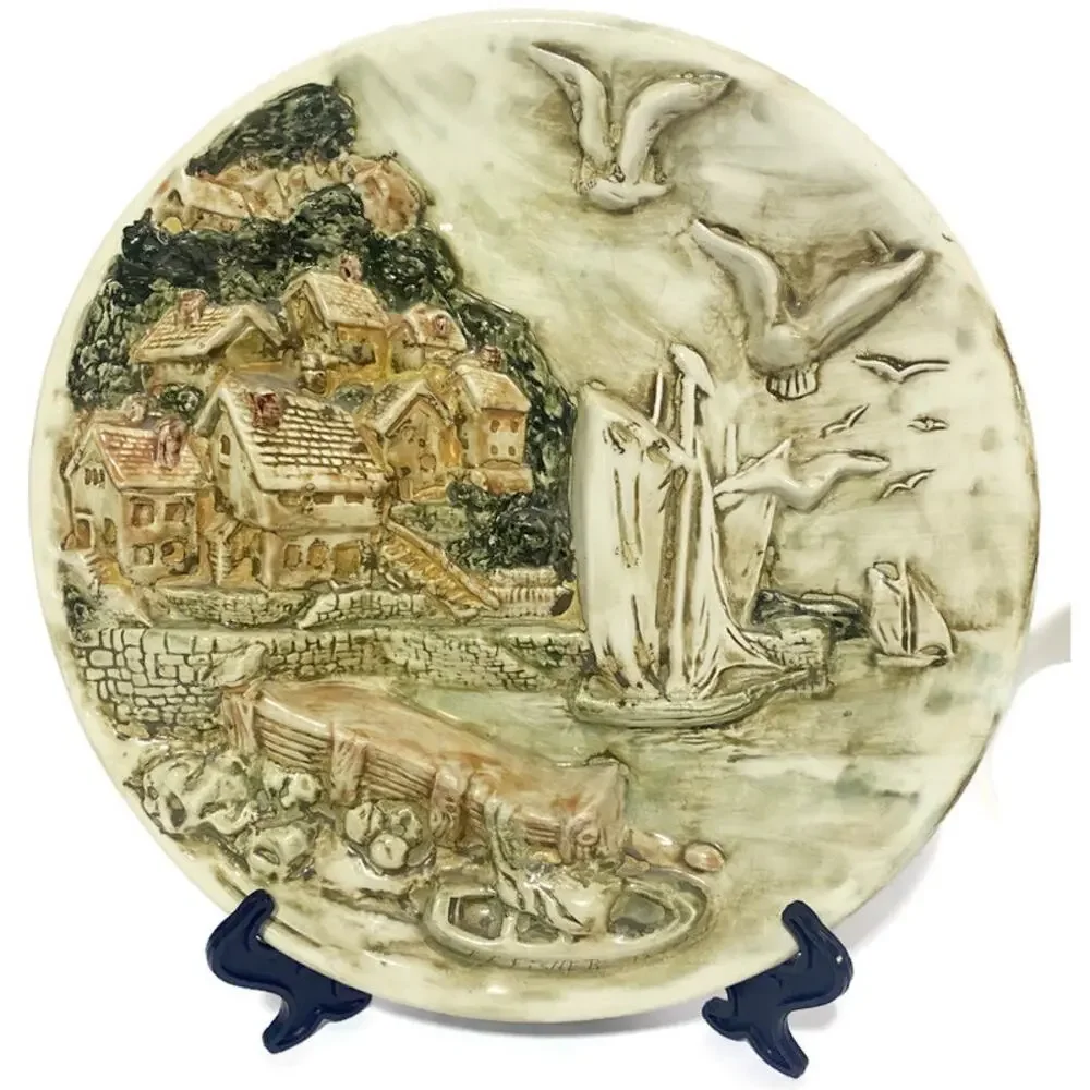Vintage Chalkware Watermill & Seaport Wall Art Plates 10.5